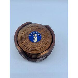 Singapore Merlion Hand Carved Wooden Coasters Set Of Six With Holder